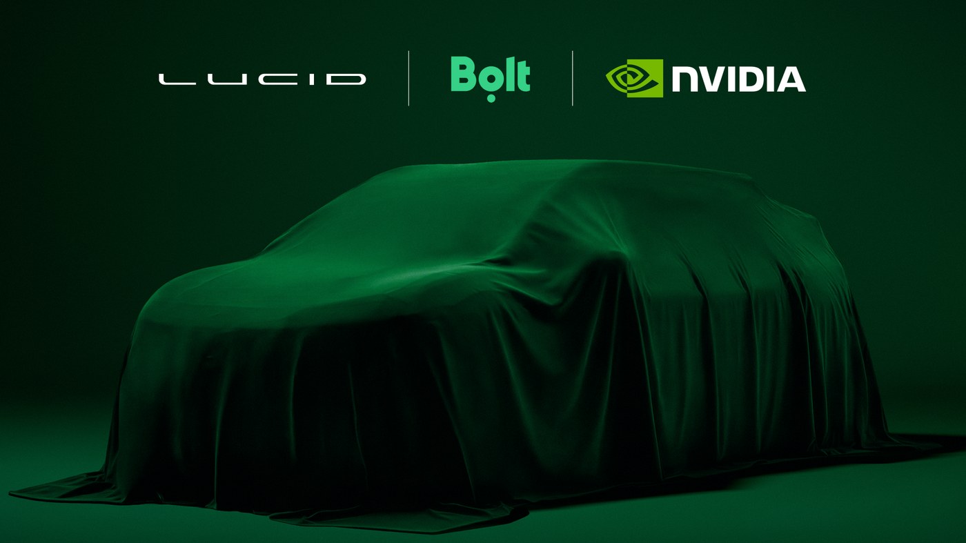 A promotional image from Bolt showing a covered vehicle under the Lucid, Bolt and Nvidia logos.