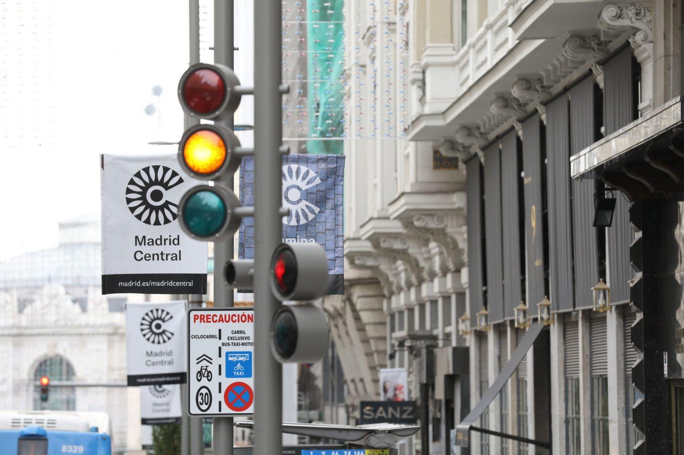 Traffic lights and Madrid Central low-emission zone banners on Gran Via in Madrid in November 2018. File photo.