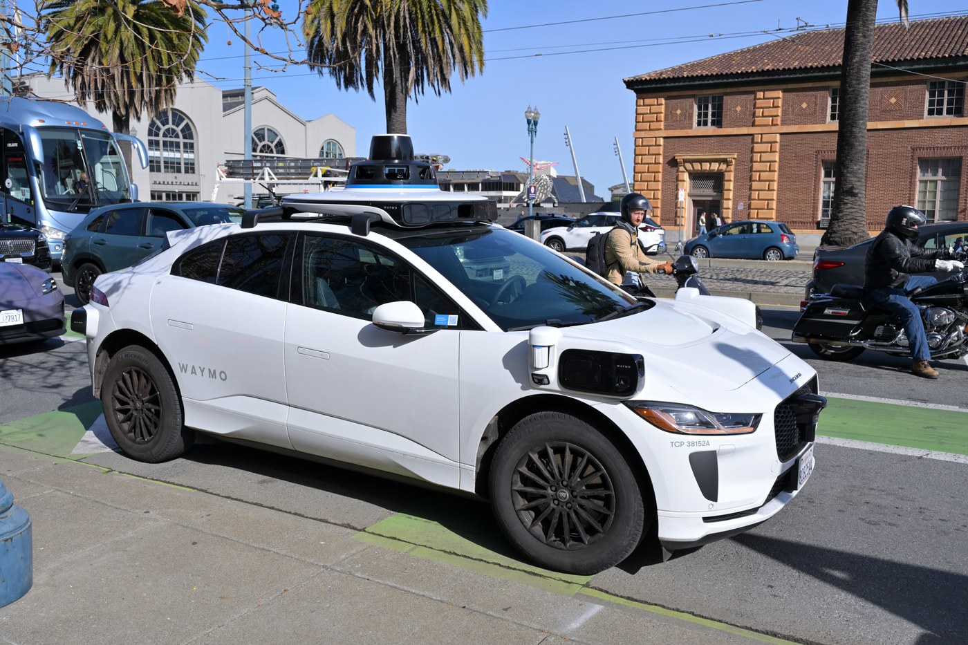 A Waymo Jaguar I-Pace robotaxi on the Embarcadero in San Francisco in January 2026. File photo.