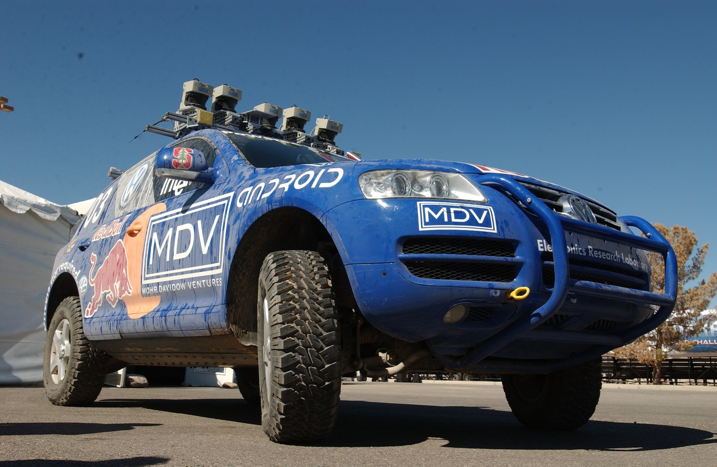 Stanford University's Stanley, a modified Volkswagen Touareg with sensors on its roof rack, at the 2005 DARPA Grand Challenge, which it won.