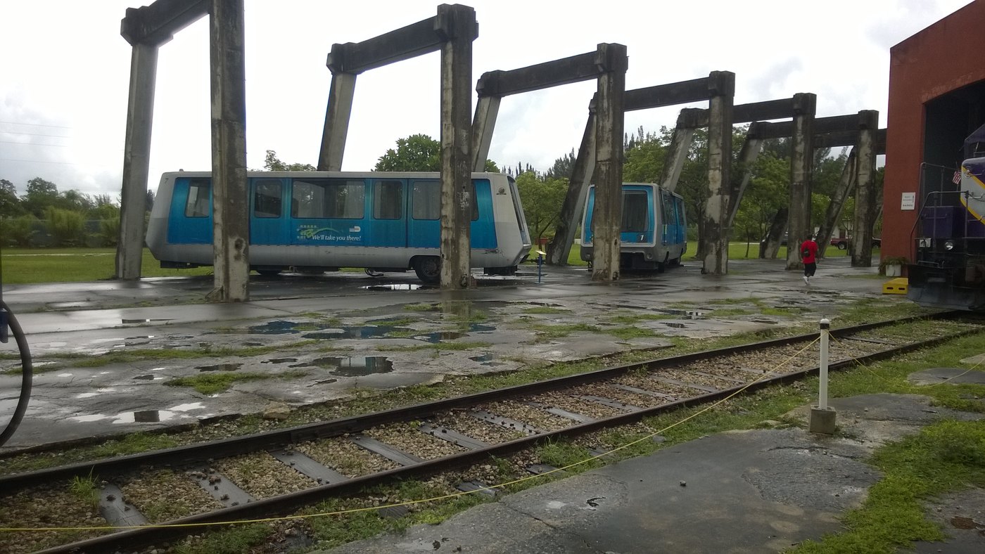Original Metromover cars from the system's first fleet on display at the Gold Coast Railroad Museum in 2014.