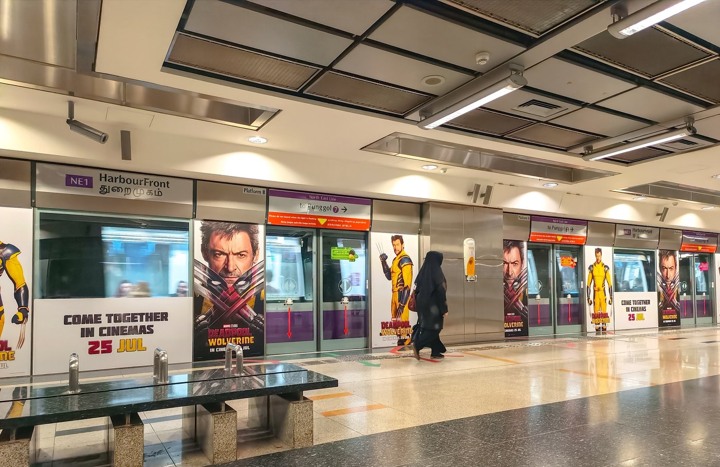 A North East Line train at HarbourFront MRT station in Singapore.
