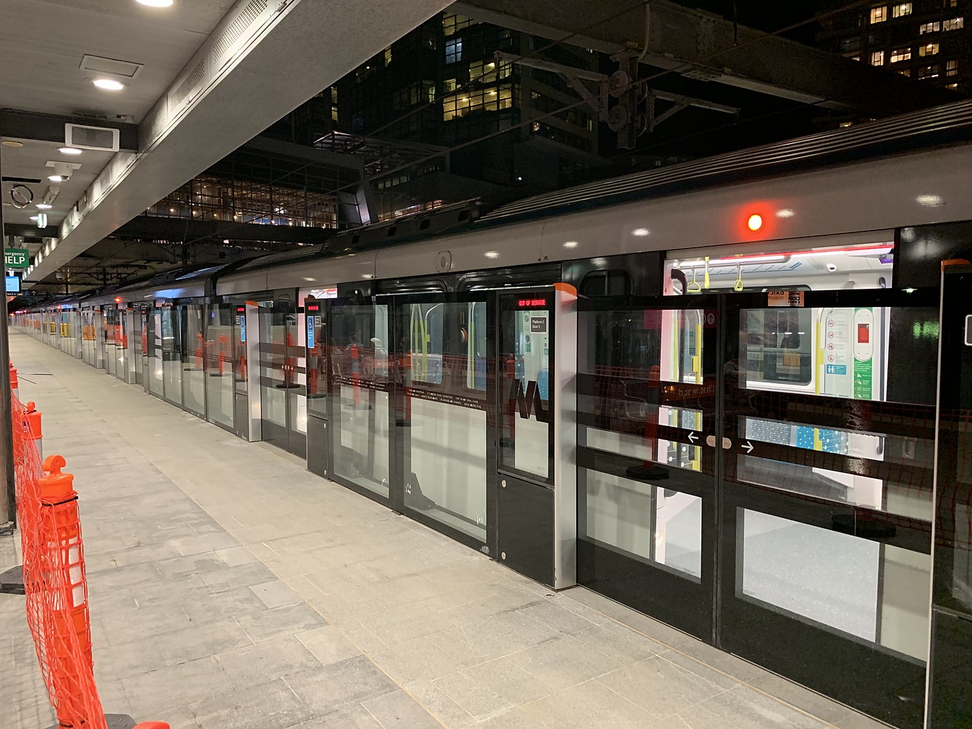 An Alstom Metropolis metro train at Chatswood station during Sydney Metro Northwest testing in April 2019.