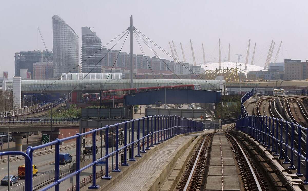 A Docklands Light Railway train on an elevated guideway.