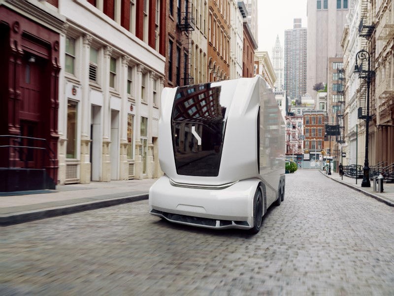 An Einride cab-less electric autonomous truck with no driver cabin.