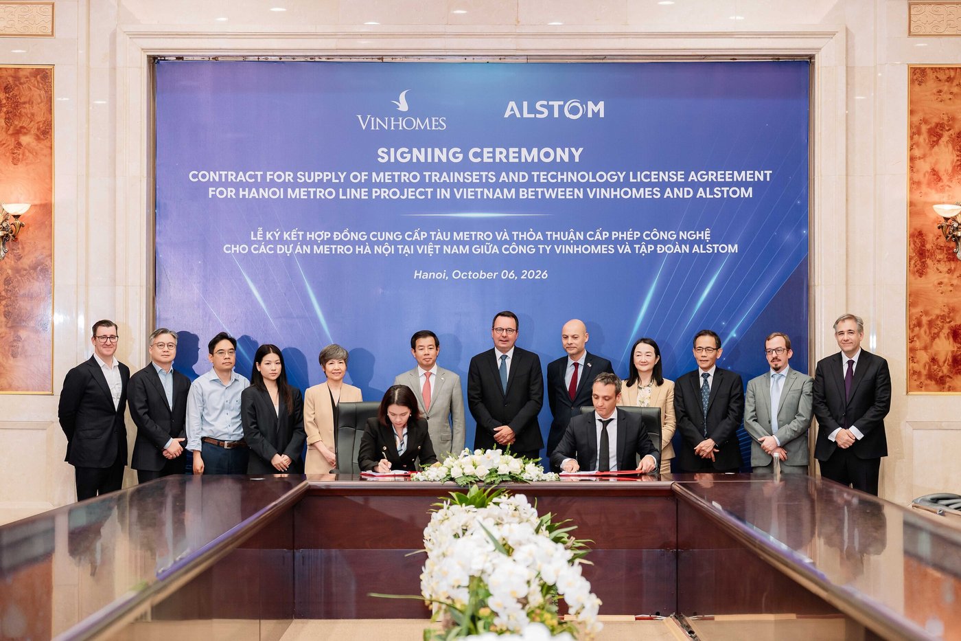 Representatives of Vingroup, Vinhomes and Alstom at the signing ceremony for the metro train contract in Hanoi on Oct. 6, 2026.