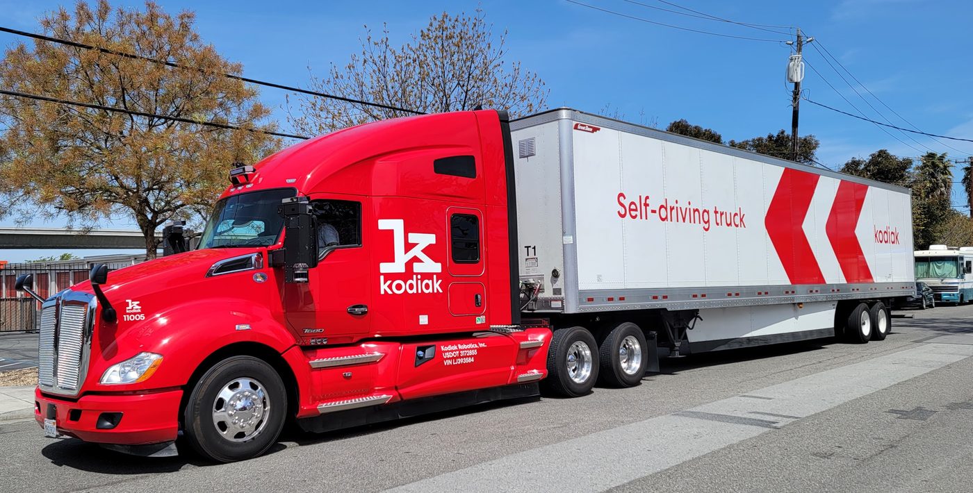 A Kodiak Robotics self-driving truck photographed from the front three-quarter view. File photo, 2023.