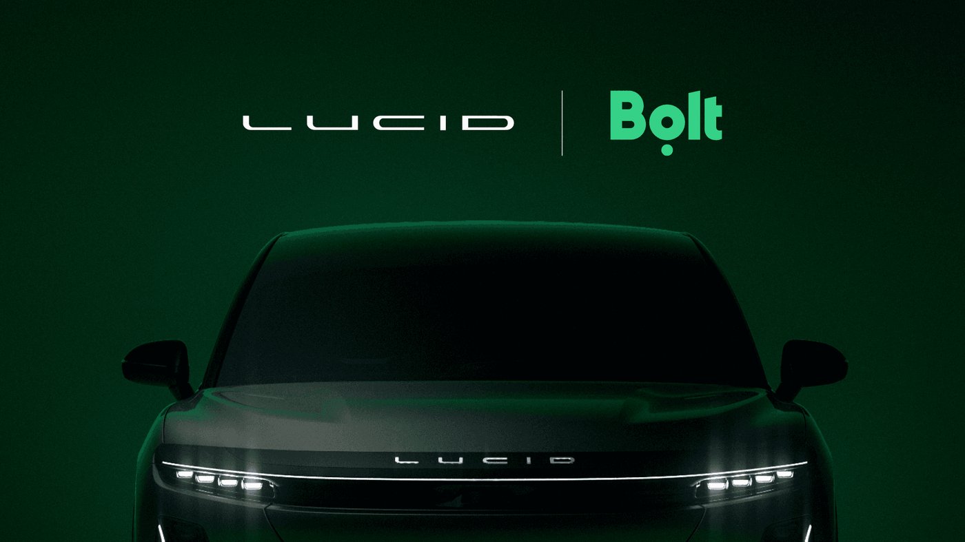 Lucid and Bolt partnership graphic with a Lucid vehicle.