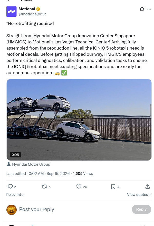 Motional's Sept. 15 post on X about IONIQ 5 robotaxis arriving fully assembled from HMGICS.