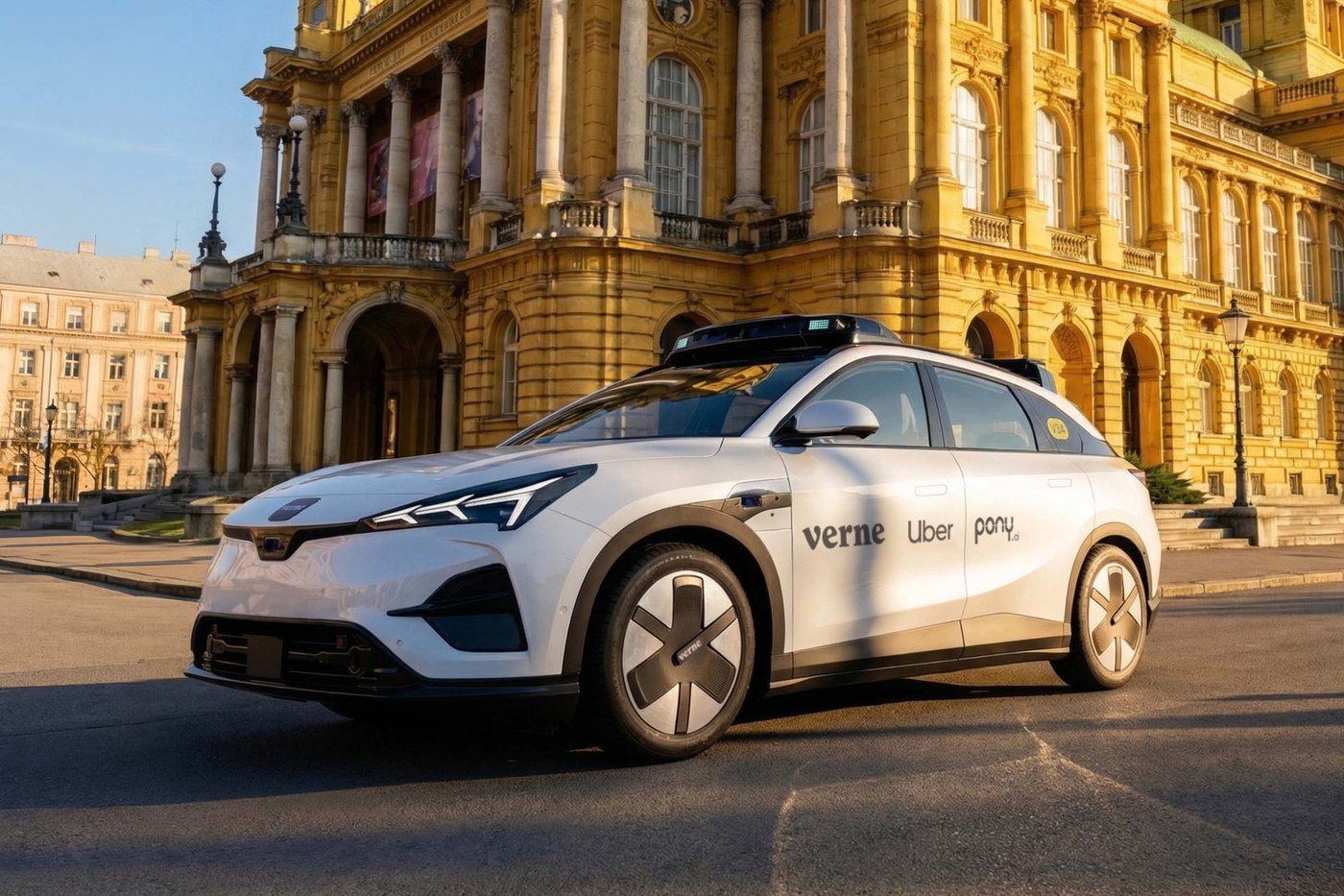 A robotaxi carrying Verne, Uber and Pony.ai branding outside the Croatian National Theatre in Zagreb, where the companies already run service. File photo.
