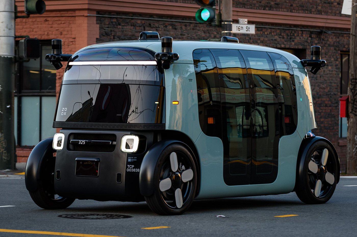 A Zoox robotaxi at a San Francisco intersection in May 2025. File photo.