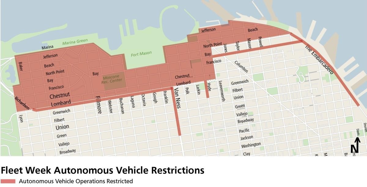 An SFMTA map shading the streets along San Francisco's northern waterfront where autonomous vehicle pickups and drop-offs are restricted during Fleet Week.