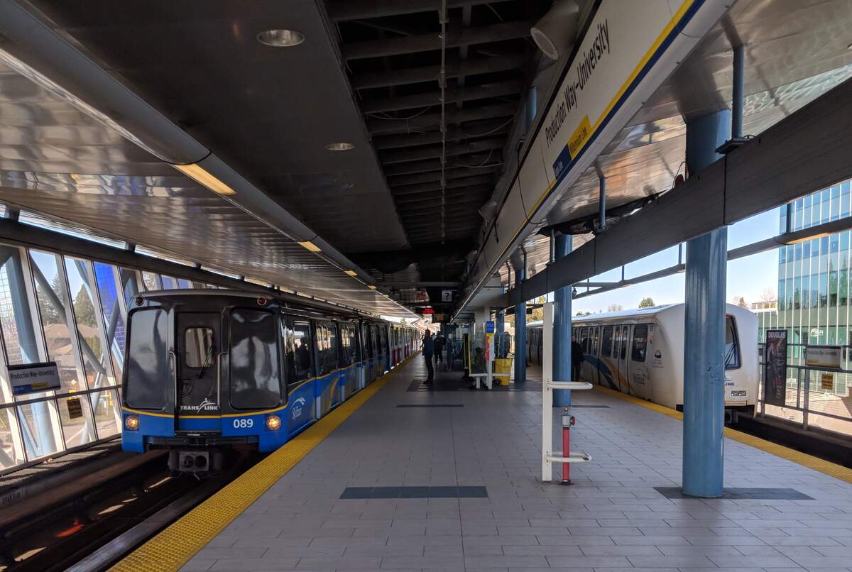 A TransLink train at Production Way-University station.