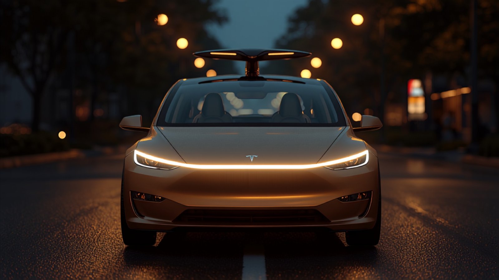 Front view of a gold Tesla Cybercab at night with a light bar across the nose.
