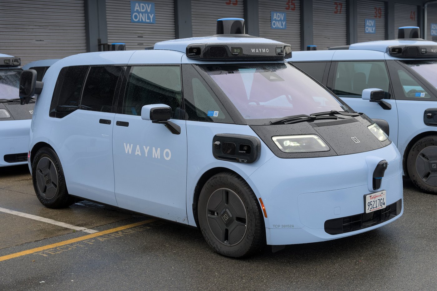 A Waymo robotaxi built on a Zeekr van at Waymo's Bayshore depot in December 2025. File photo.