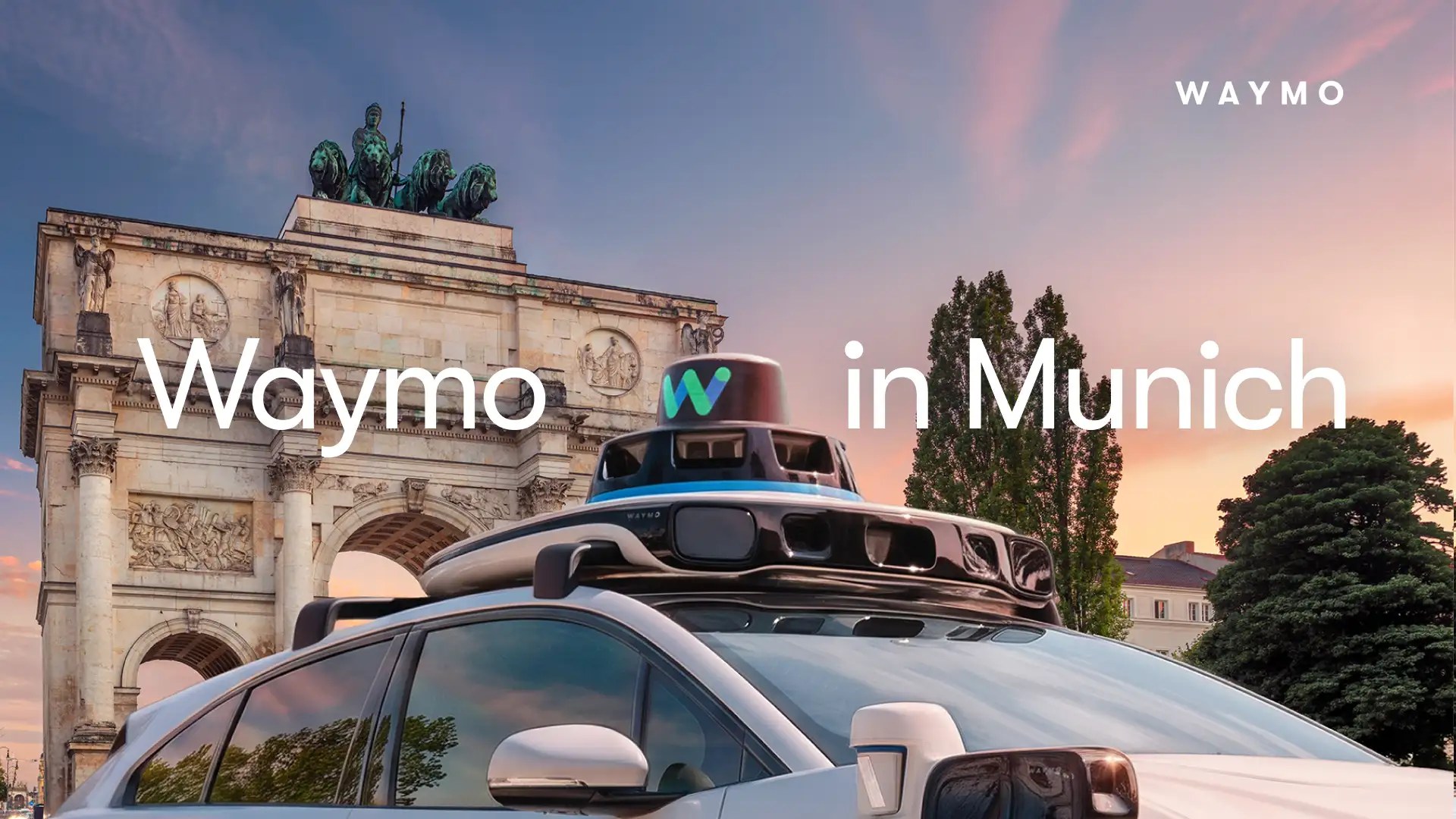 Waymo robotaxi in Munich in front of the Siegestor.