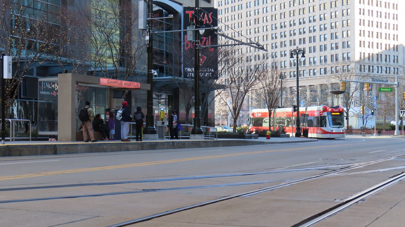 A QLine streetcar at the Campus Martius stop on Woodward Avenue in downtown Detroit in 2023. File photo.