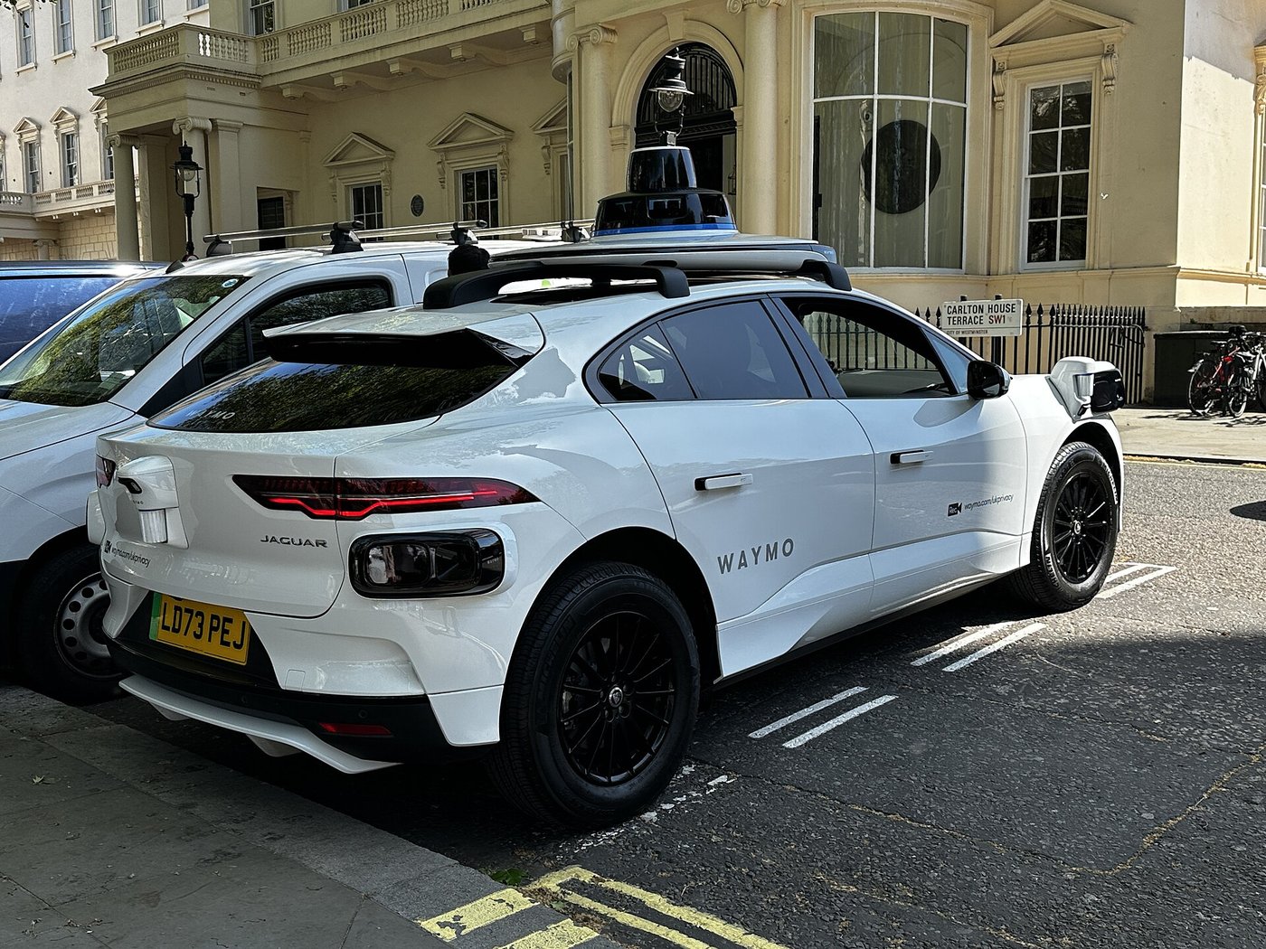 A Waymo Jaguar I-Pace parked on Carlton House Terrace in London in April 2026. File photo.
