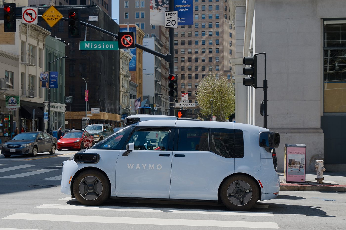 A Waymo Ojai robotaxi on Mission Street in San Francisco in 2026. File photo.