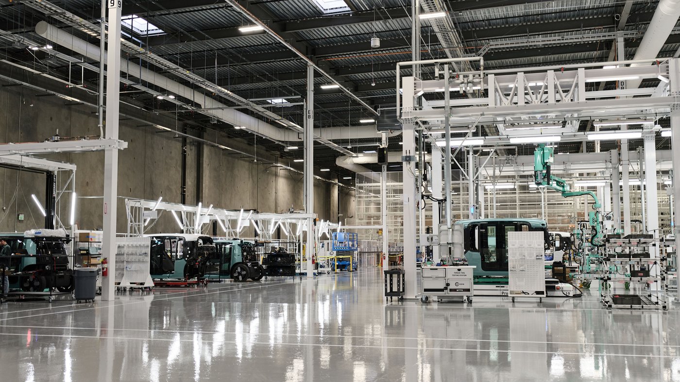 Zoox's robotaxi production facility in Hayward, Calif., in a company photo released when the plant opened in June 2025.