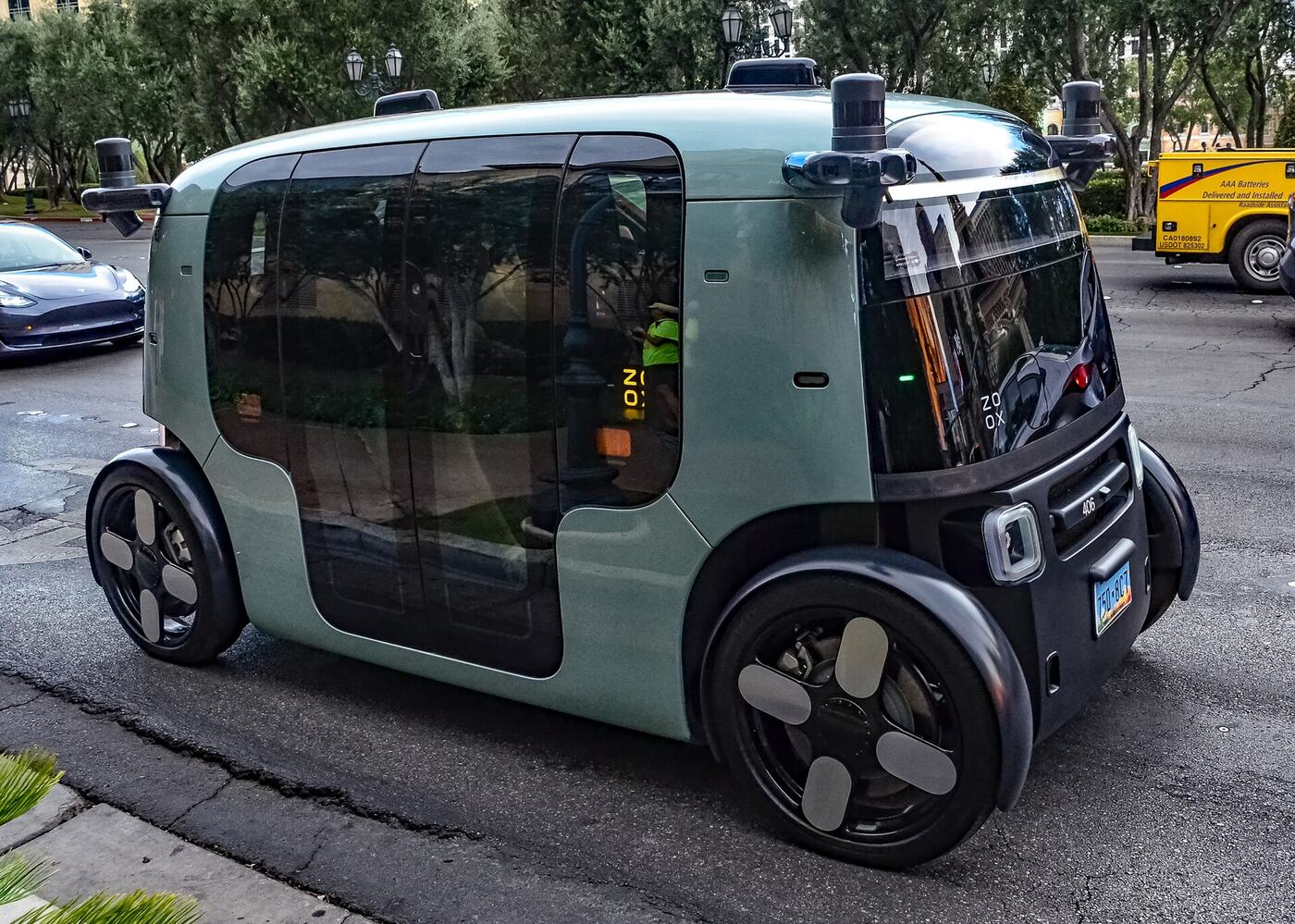 A Zoox robotaxi on the Las Vegas Strip in August 2026.